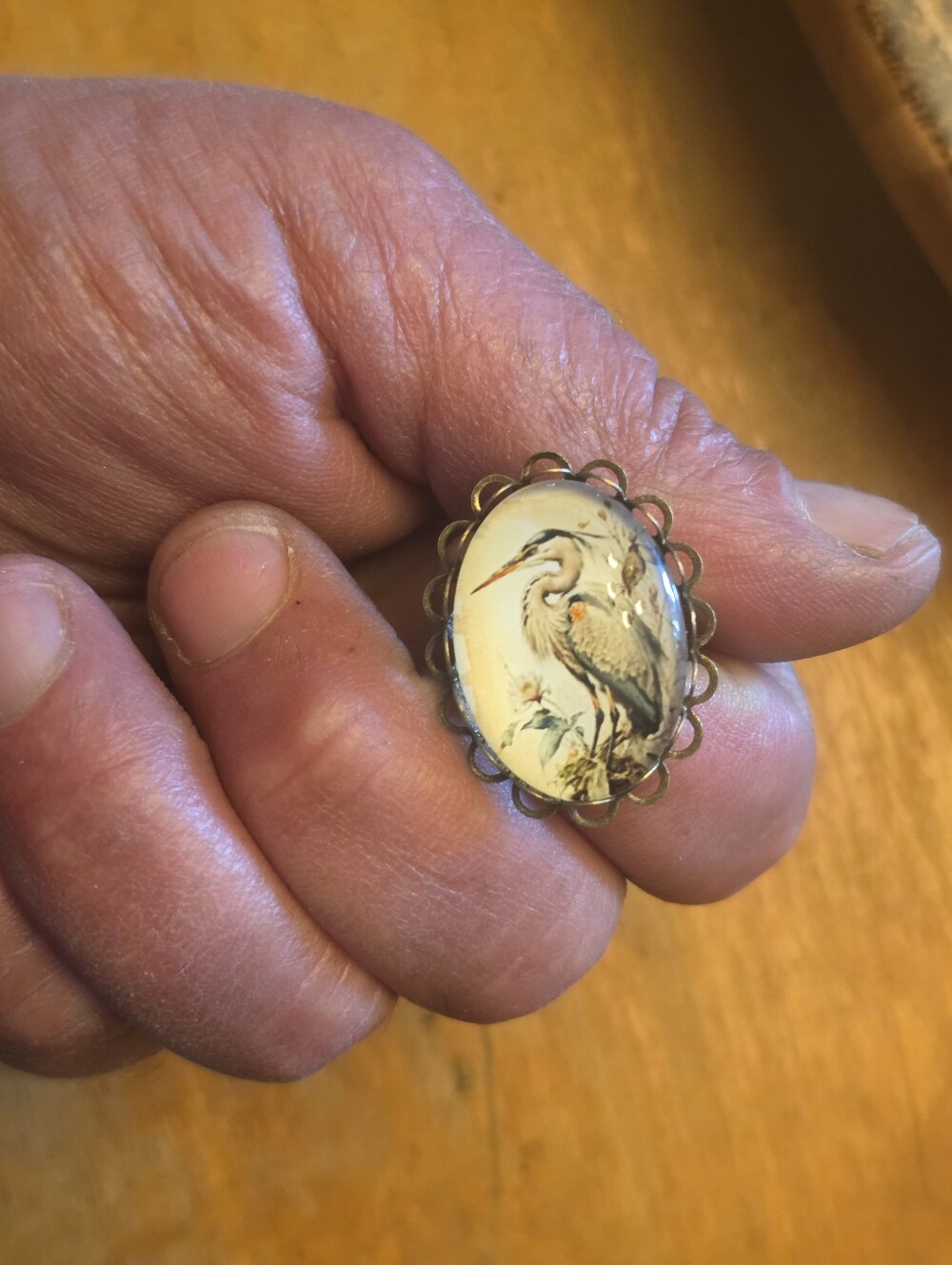 Heron (Animal) Ring In Glass Cabochon Adjustable Bronze Tone Rung